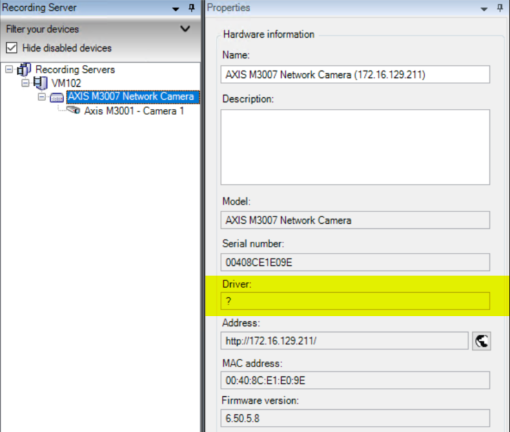 Screenshot of the hardware properties for a device with an unknown driver in Management Client