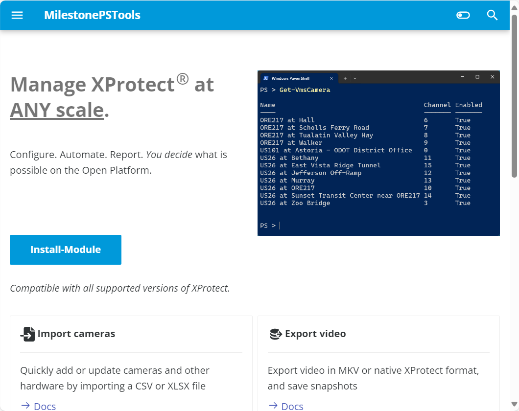 Screenshot of new MilestonePSTools docs home page